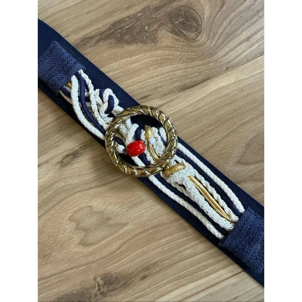 Vintage 80’s Womens Nautical Blue White Braided Gold Tone Buckle Stretch Belt